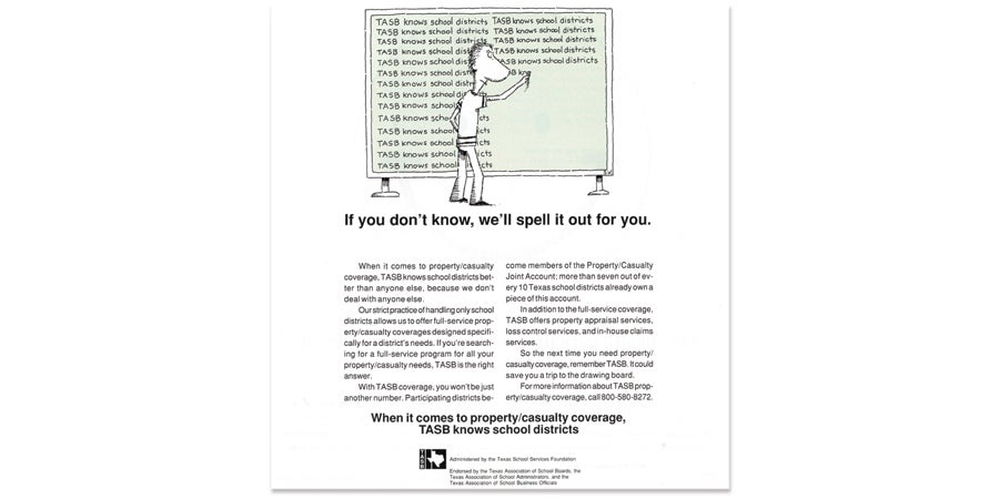 1982 image of an advertisement for TASB property/casualty coverage