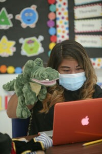 Educator using a puppet to teach during an online session
